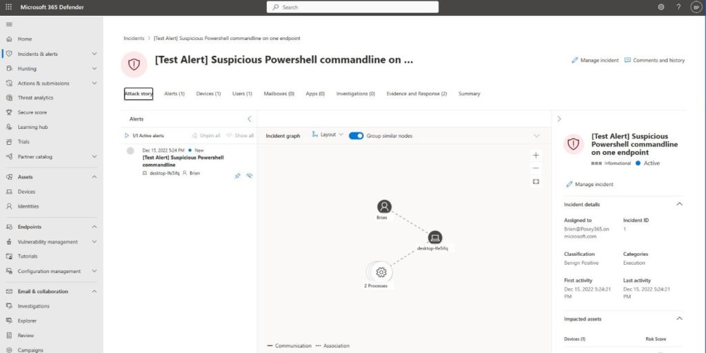 A screenshot of a view of the incident details in Defender for Business