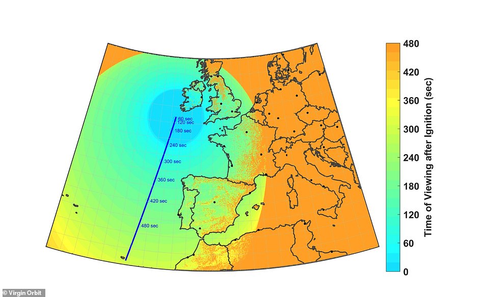 Virgin Orbit had released maps that showed the route of the rocket (the blue line) and the timings for when people across Britain and beyond might be able to catch a glimpse of it in the sky