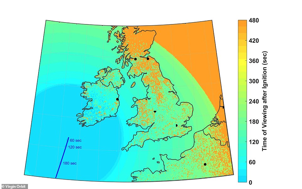 The company said it would be possible for most people in the UK and Ireland to see LauncherOne within 60 seconds of ignition, while those living on the coast of France, Portugal, and Spain would get a good view within two to three minutes, it added