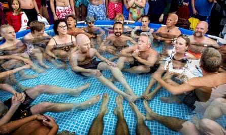 Participants in an ice-water bath world record attempt organised by Wim Hof in Amsterdam, 2015