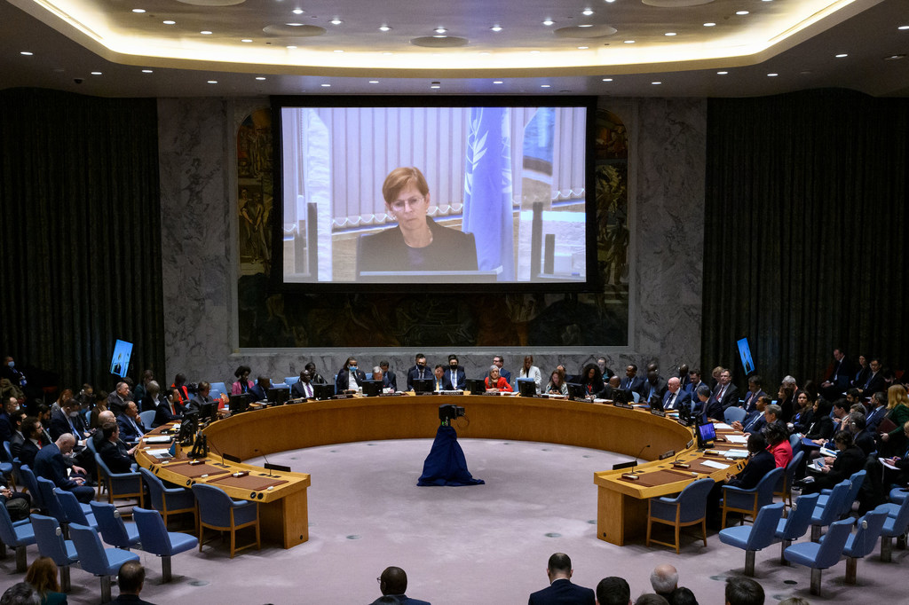 Joan E. Donoghue (on screen), President of the International Court of Justice, addresses the Security Council meeting on Rule of Law Among Nations.