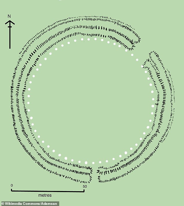 It is thought that the famous ring of stones was built in stages, with construction of the first stage beginning at around 3,100 BC. Pictured: The first of the three Stonehenge construction phases archaeologists think took place.