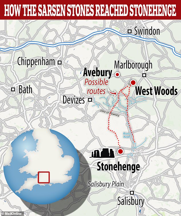 As for the sarsen stones, they are thought to have been transported from woodlands just 15 miles to the north of the site of Stonehenge