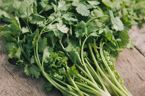 Close-up of coriander leaves on table