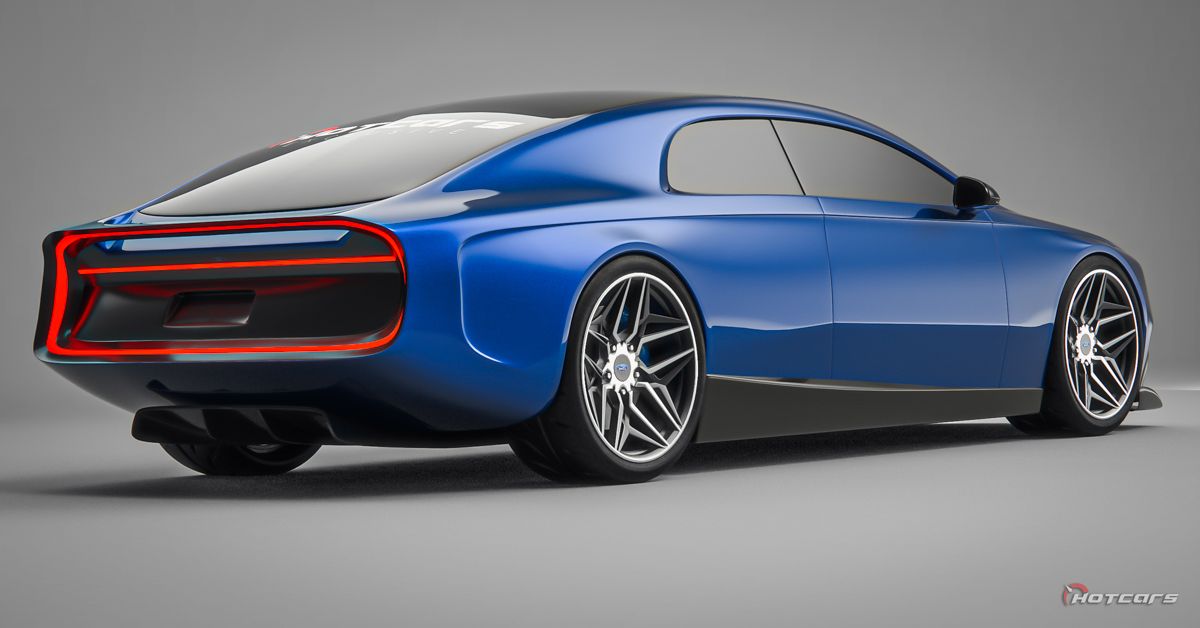 Modern Ford Galaxie electric concept render in blue studio rear 3/4