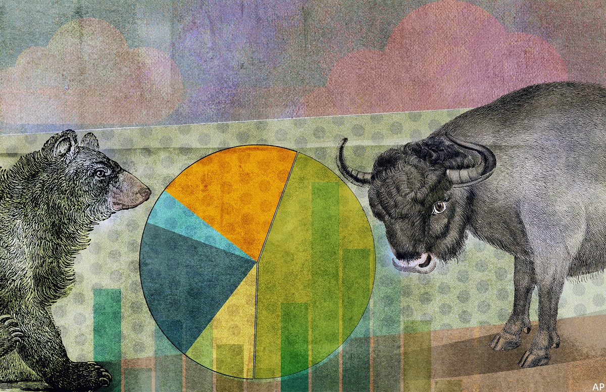 Bull and bear near pie chart