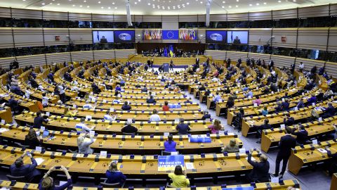 Ukrainian President Volodymyr Zelensky delivers a speech in front of the Assembly of the European Parliament on March 1, 2022 in Brussels, Belgium. 