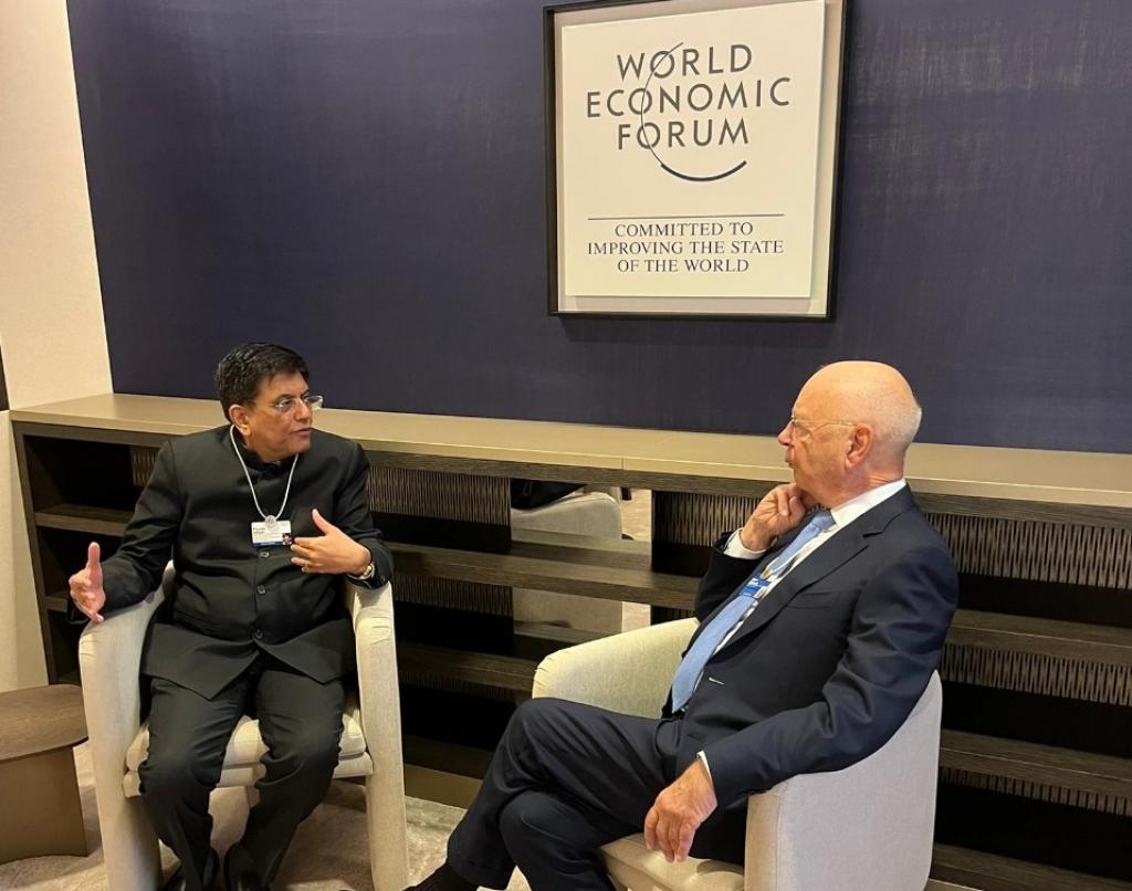 The urgency around embracing 4IR technologies is visible even in India. Here, Union Minister of Commerce and Industry, Piyush Goyal meets Klaus Schwab at Davos 2023. Photo: @PiyushGoyal / Twitter