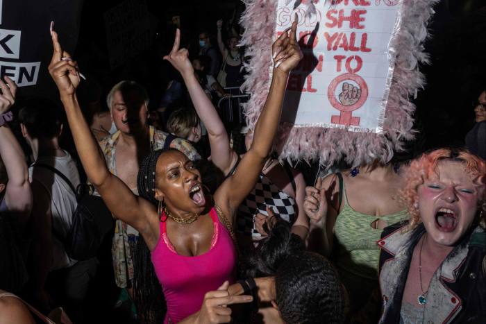 Abortion rights activists march from Washington Square Park to Bryant Park in New York last June