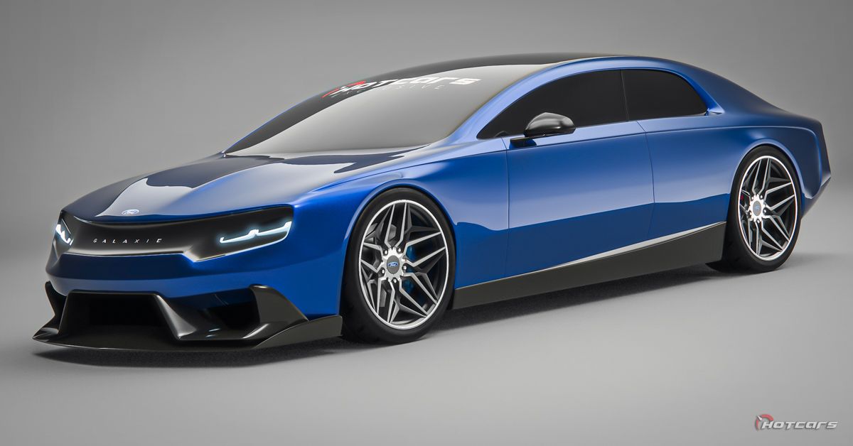 Modern Ford Galaxie electric concept render in blue, studio front 3/4