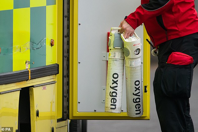 Woking-based BOC, the health service's main supplier of oxygen cannisters, announced that it had to ration five types of its portable oxygen. Pictured: An ambulance worker in London with a BOC small oxygen cylinder