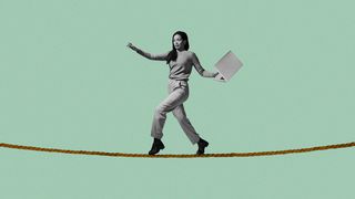 Illustration of woman holding a laptop while walking on tightrope.