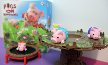 Pigs on Trampolines toy at the trade fair.