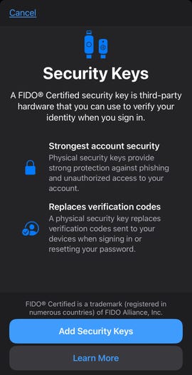 Security Keys screen in iOS 16.3 beta