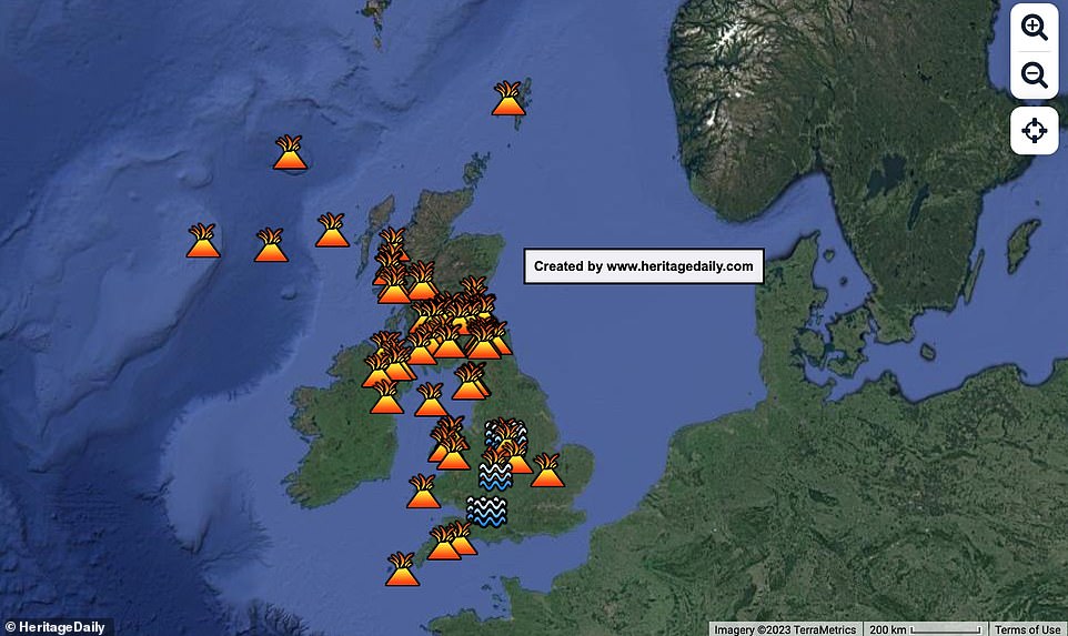 From Arthur's Seat in Edinburgh, to Warboys in Cambridgeshire, it shows a map of both volcanoes and volcanic plugs, the latter of which is created when magma hardens within a vent on an active volcano