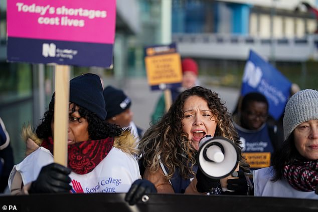 NHS staff striking outside Queen Elizabeth hospital in Birmingham on February 6