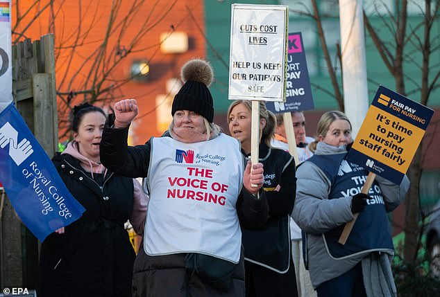 NHS workers on the picket line outside the Walton Centre in Liverpool on February 6