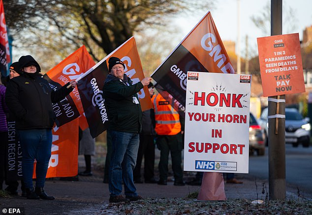 Striking GMB ambulance workers picket outside Fazakerley Ambulance Station in Liverpool on February 6