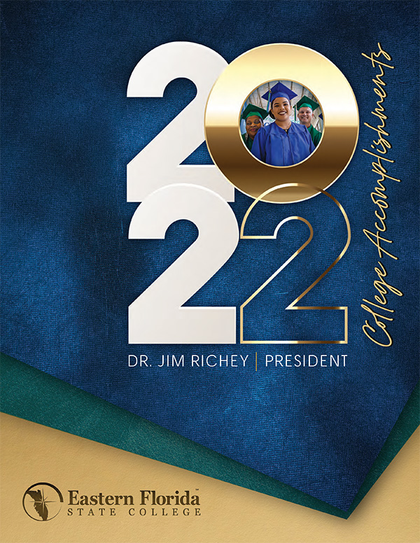 Blue publication cover with 2022 College Accomplishments, Dr. Jim Richey, President and EFSC logo