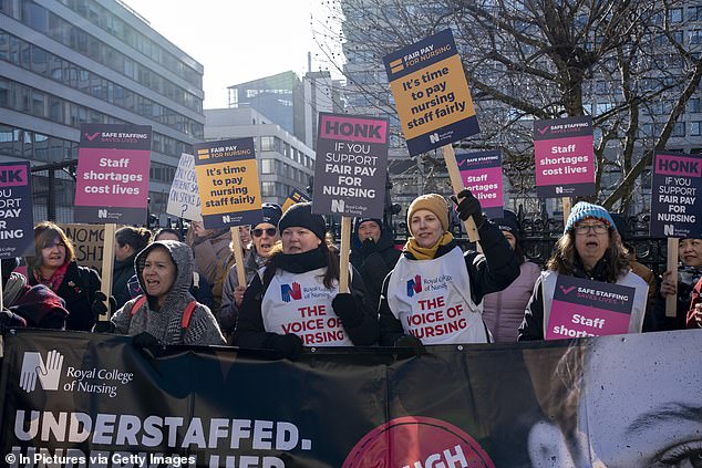 NHS nurses from the Royal College of Nursing form a picket line as they strike for safe staffing levels, fair pay and working conditions outside St Thomas Hospital, London on February 6