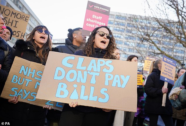 Some 49,038 operations and appointments in total were rescheduled, following strike action on Monday and Tuesday. Pictured above, RCN members on the picket line outside St Thomas' Hospital in London on February 6