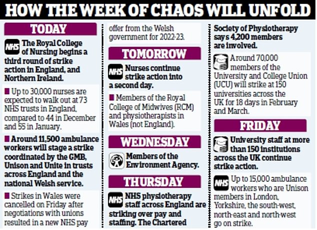 This week's disruption has been organised by the unions the Royal College of Nursing (RCN), GMB, Unison and the Chartered Society of Physiotherapy. It is the busiest week of NHS walk-outs so far