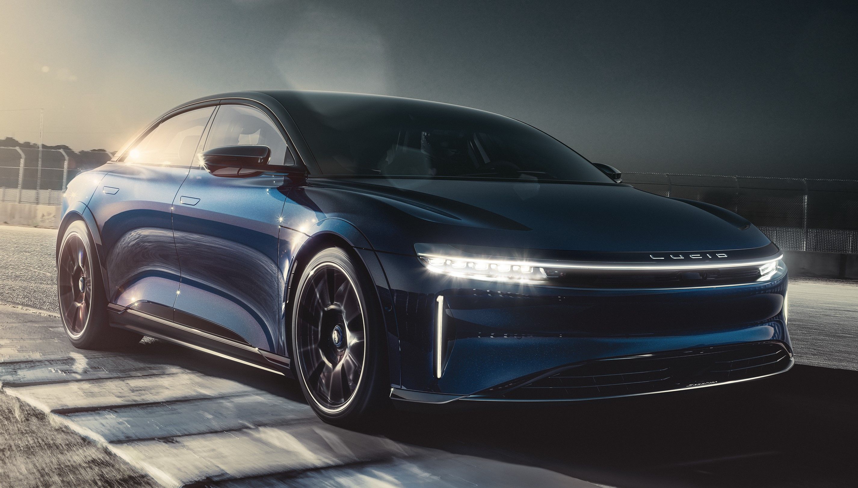 Blue 2022 Lucid Air Sapphire driven on the track