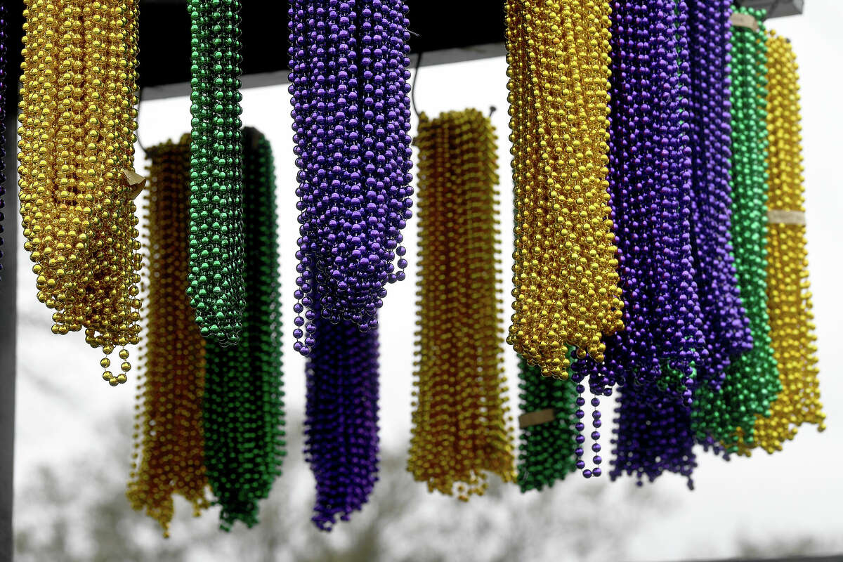 Festive decorations highlights the floats as krewes finish their work during Mardi Gras on the Sabine Saturday in Orange. Photo made Saturday, February 11, 2023 Kim Brent/Beaumont Enterprise
