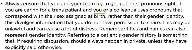 Another part of document warns medics that using the incorrect pronouns for a patient may be 'unlawful' and cause distress