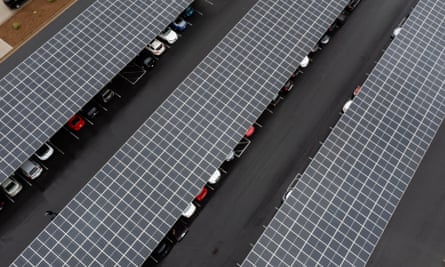 Solar panels above parking spaces at the QCells solar panel manufacturing plant in Dalton, Georgia.