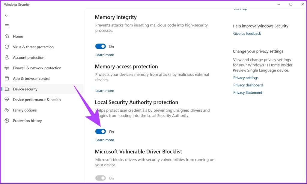 Toggle on ‘Local Security Authority protection’