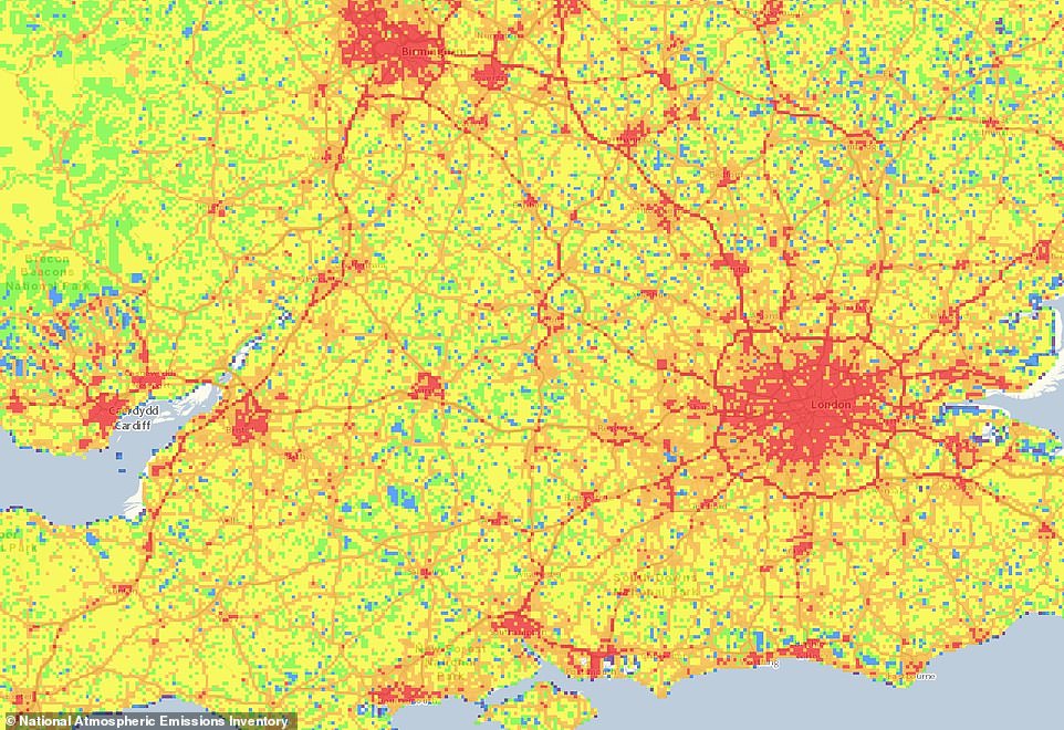 Pictured, emissions for lead in southern England according to the map. Lead used to be added to petrol before its phase-out in 2000 - many decades after its disastrous effects on public health were known about