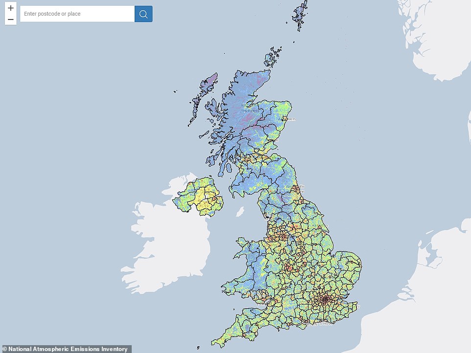 Pictured, levels of PM 10 (particulate matter with diameter of 10 micrometres or less) with the borders of local authorities marked out in black. Across all pollutant types, Scotland has less emissions than England, the map shows