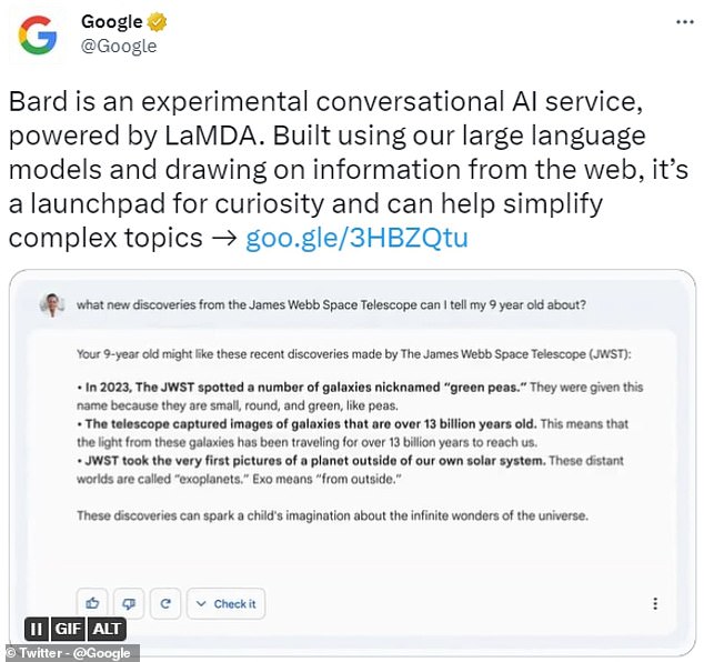 Gaffe: Google's answer to ChatGPT has been criticised after failing to answer a question correctly in a promotional video shared to Twitter ¿ instantly wiping £100billion from its value