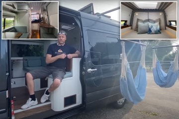 Inside van converted to a luxury motorhome with terrace and swinging hammocks