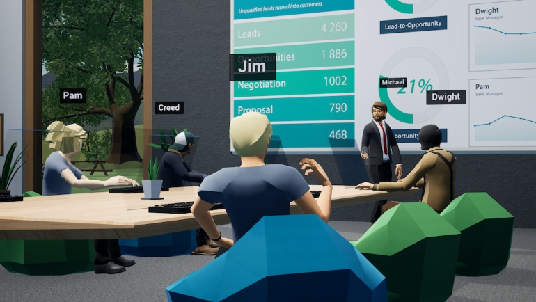 People as avatars having a business meeting in a virtual metaverse VR office.