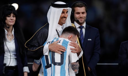 Sheikh Tamim bin Hamad al-Thani, the Emir of Qatar, hugs Lionel Messi after the World Cup final