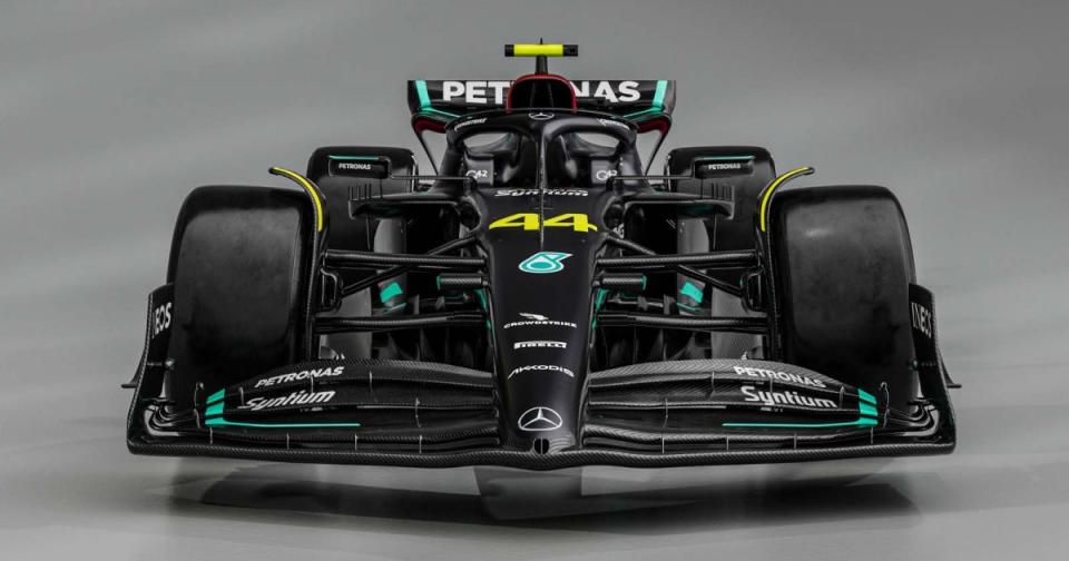 A render of the Mercedes W14. February 2023. Credit: Alamy