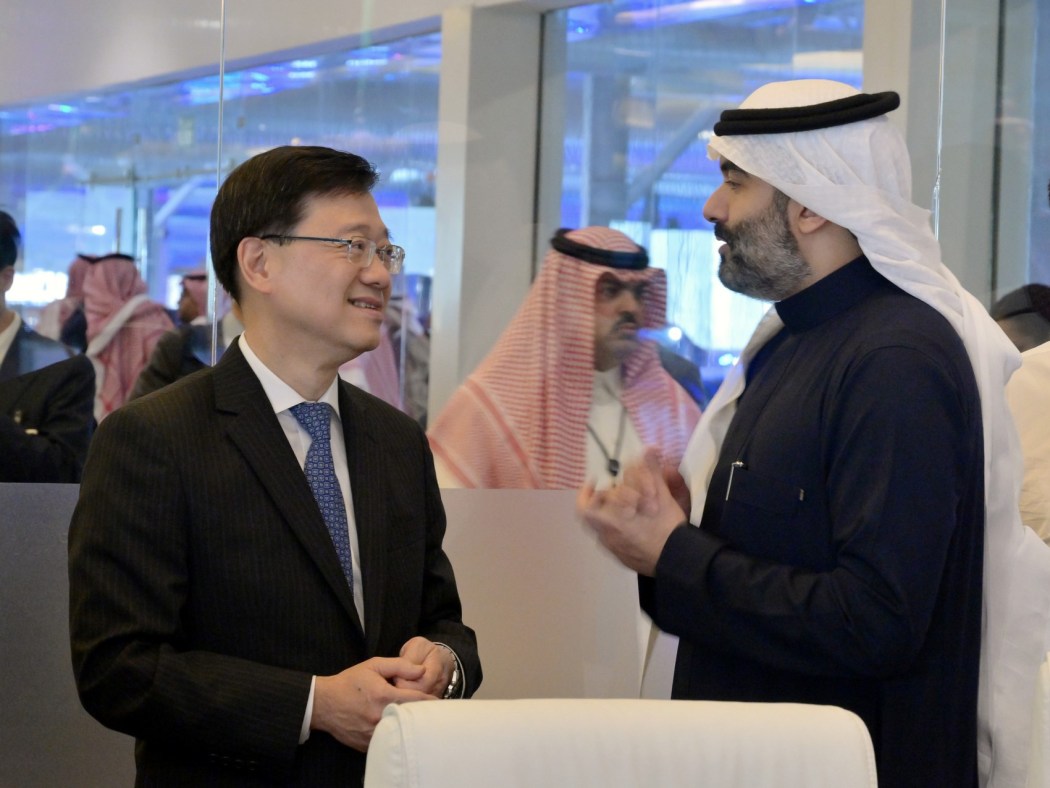 Hong Kong Chief Executive John Lee (left)0 meets with the Minister of Communications and Information Technology of Saudi Arabia Abdullah Alswaha at the LEAP 2023 technology conference, in Riyadh, Saudi Arabi