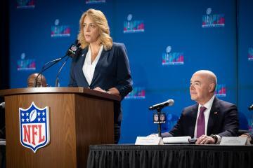 Secretary of Homeland Security Alejandro N. Mayorkas participates in NFL’s Public Safety Press Conference February 7, 2023 with Chief Cathy Lanier and other partners.