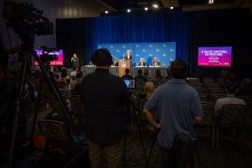 Secretary of Homeland Security Alejandro N. Mayorkas participates in NFL’s Public Safety Press Conference on February 7, 2023 with Chief Cathy Lanier and other partners.