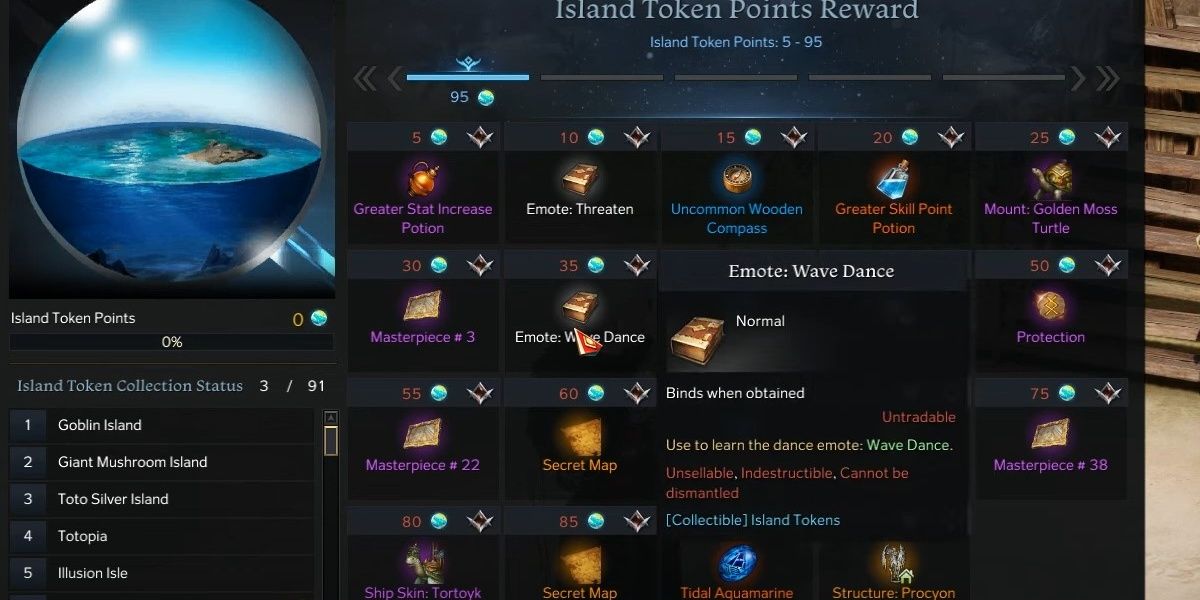 Lost Ark character is showcasing the Island Token rewards and focusing on the Emote Wave Dance.