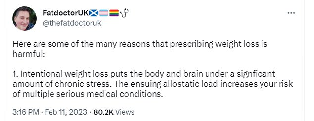 Dr Larmie claims that prescribing weight-loss to fat patients is 'harmful' due to the stress it causes them