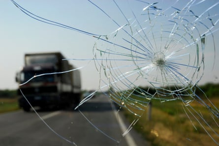 Shattered windscreen seen from inside a car