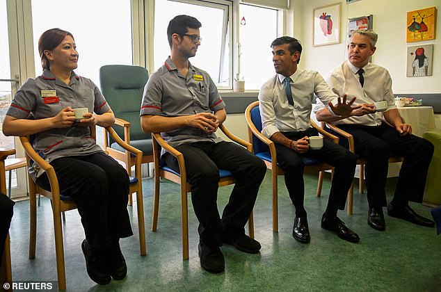 Health Secretary Steve Barclay said the offer amounts to 'a fair pay rise'. He said: 'I hugely admire the incredible work of NHS staff, including during the pandemic and the progress they have made to tackle the resulting backlog. This offer will give nurses, paramedics, physiotherapists and other non-medical staff a fair pay rise while protecting our commitment to halve inflation'. Pictured above, today with Prime Minister Rishi Sunak at St George's hospital, London