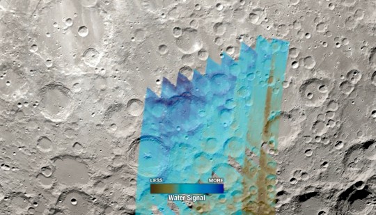 THIS PICTURE: A visualisation of the Moon as it appeared on February 17, 2022, using the SOFIA observations, with shades of blue showing water (the darker the blue the stronger the water signal) and brown showing less water signal. --- SEE SWNS STORY SWNAmoon --- A new study reveals the Moon contains much more water than once believed. Scientists have mapped water near the South Pole that could be vital for human bases. The research used the now-retired Stratospheric Observatory for Infrared Astronomy (SOFIA) to pieced together the first detailed, wide-area map of water distribution on the Moon. SOFIA was a joint project of NASA and the German Space Agency at DLR. As NASA prepares to send astronauts back to the Moon under Artemis, the agency has identified 13 candidate landing regions near the lunar South Pole. Through Artemis, NASA will land the first woman and the first person of colour on the Moon, and lunar water could be a critical resource for establishing a long-term human presence.