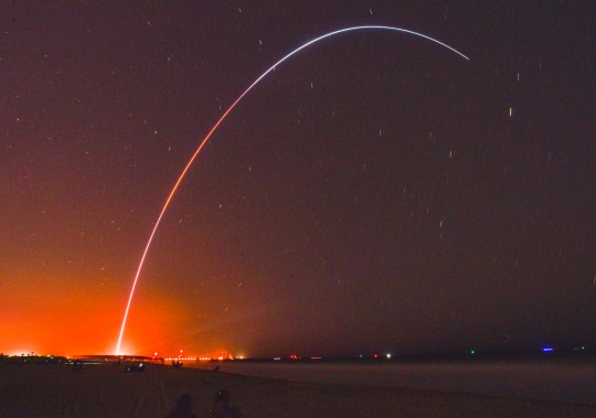 Relativity Space's Terran 1 rocket launches from Launch Complex 16 at Cape Canaveral Space Force Station, Fla., late Wednesday, March 22, 2023. The rocket is made almost entirely of 3D-printed parts. (Malcolm Denemark/Florida Today via AP)