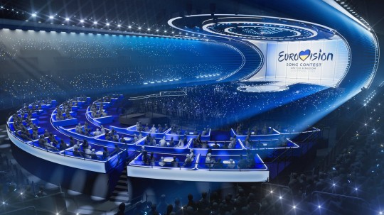 For use in UK, Ireland or Benelux countries only BBC handout of a computer generated image of how the 2023 Eurovision Song Contest stage will look. The international music show will take place at the 11,000-capacity Liverpool Arena in May, culminating in the grand final on Saturday 13, after the city was chosen to host the competition on behalf of 2022 winners Ukraine. Issue date: Thursday February 2, 2023. PA Photo. See PA story SHOWBIZ Eurovision. Photo credit should read: BBC/Eurovision/PA Wire NOTE TO EDITORS: Not for use more than 21 days after issue. You may use this picture without charge only for the purpose of publicising or reporting on current BBC programming, personnel or other BBC output or activity within 21 days of issue. Any use after that time MUST be cleared through BBC Picture Publicity. Please credit the image to the BBC and any named photographer or independent programme maker, as described in the caption.