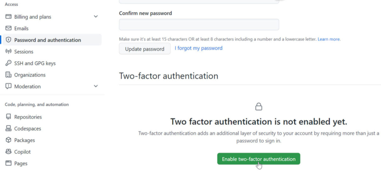 Click the button for Enable Two-Factor Authentication.