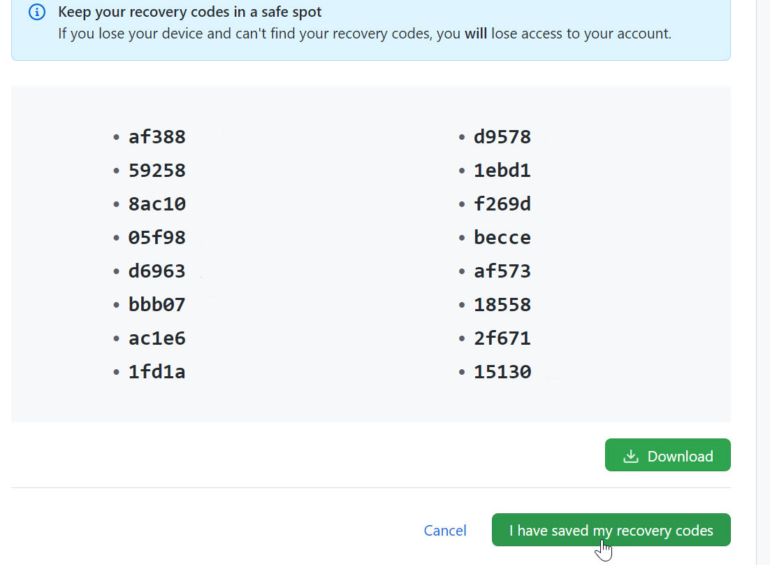 Click the button indicating that you have saved your recovery codes.